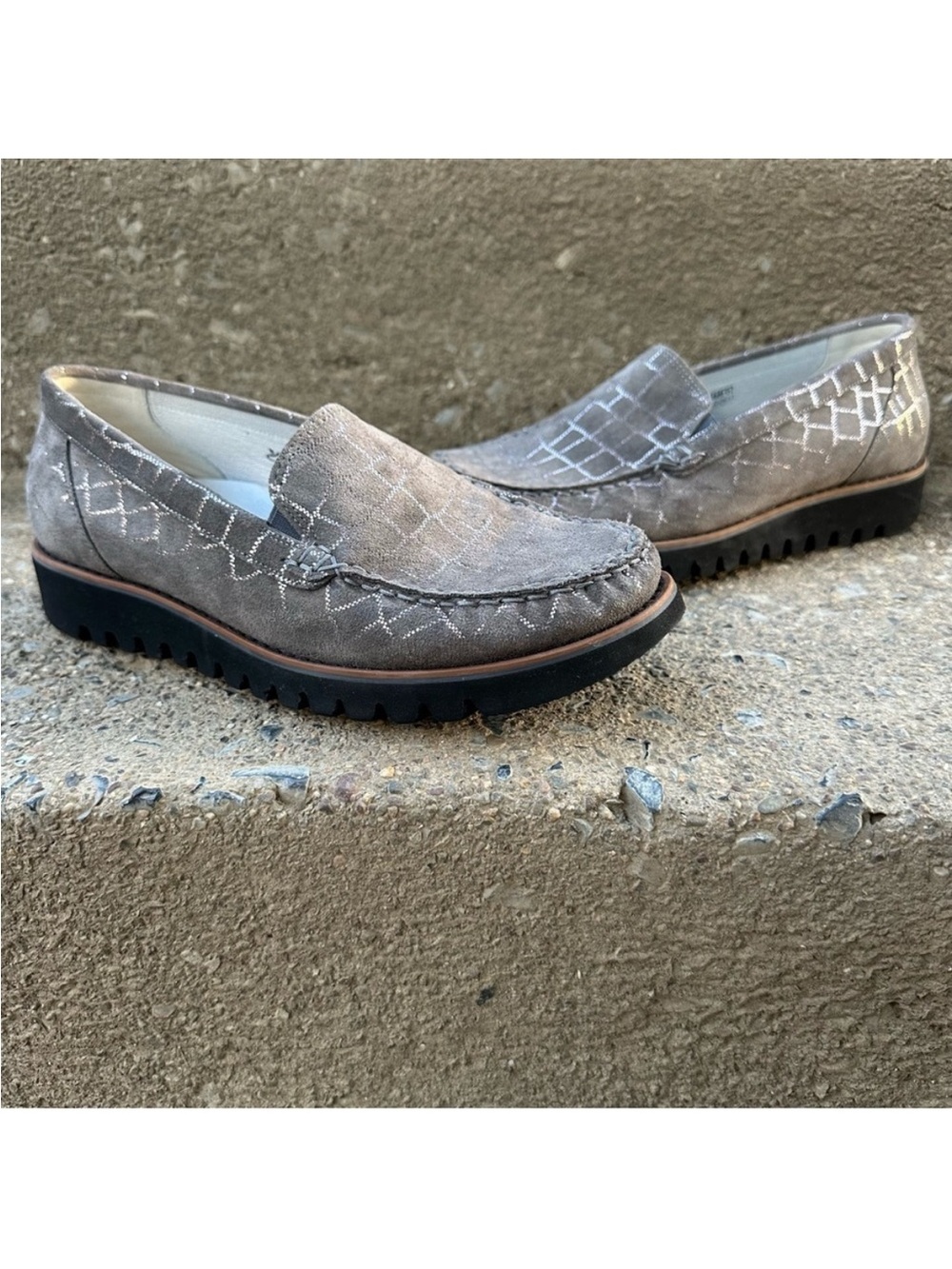Waldläufer Gray Metallic Suede Lug Sole Loafers Wide‎ H UK 5 US 7.5-8